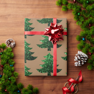 Papier Cadeau Arbre de Noël pétillant vert motif brun clair
