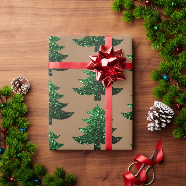 Papier Cadeau Arbre de Noël pétillant vert motif brun clair (Cadeau de vacances)