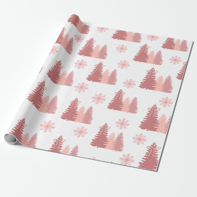 Papier Cadeau Arbre de Noël rose avec Motif de flocons de neige (Déroulé)
