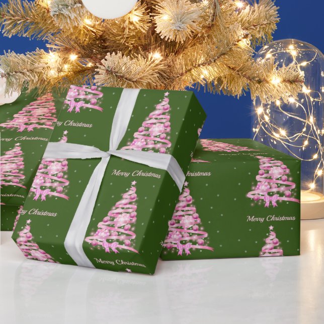 Papier Cadeau Arbre de Noël rose moderne vert (Vacances)