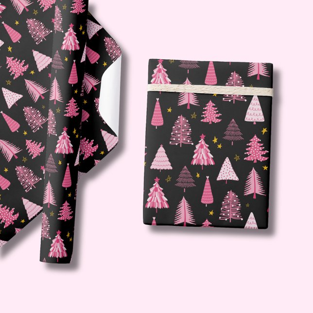 Papier Cadeau Arbre de Noël rose noir (Pink Christmas tree on black, wrapping paper rolls. Other colors & matching products available.)