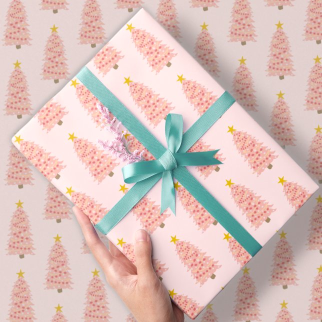 Papier Cadeau Arbre de Noël rose vif moderne en vacances Roses (Créateur téléchargé)
