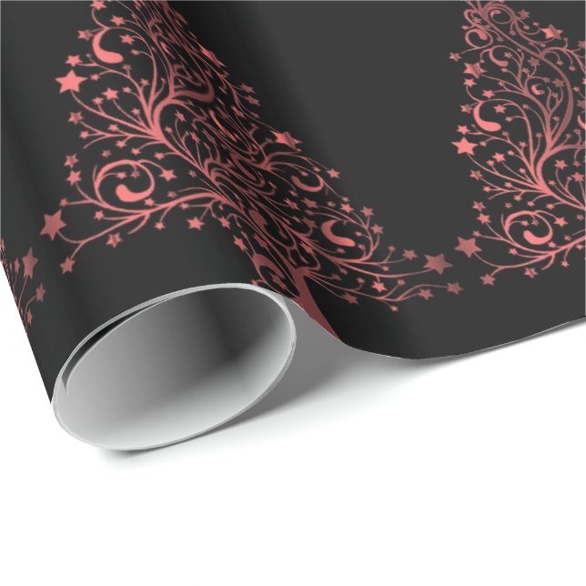 Papier Cadeau Arbre de Noël Stars Black Metallic Rouge Look (Coin rond)