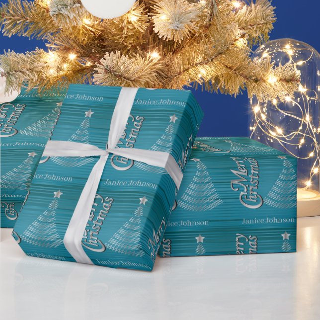 Papier Cadeau Arbre de Noël Turquoise et Argent (Vacances)