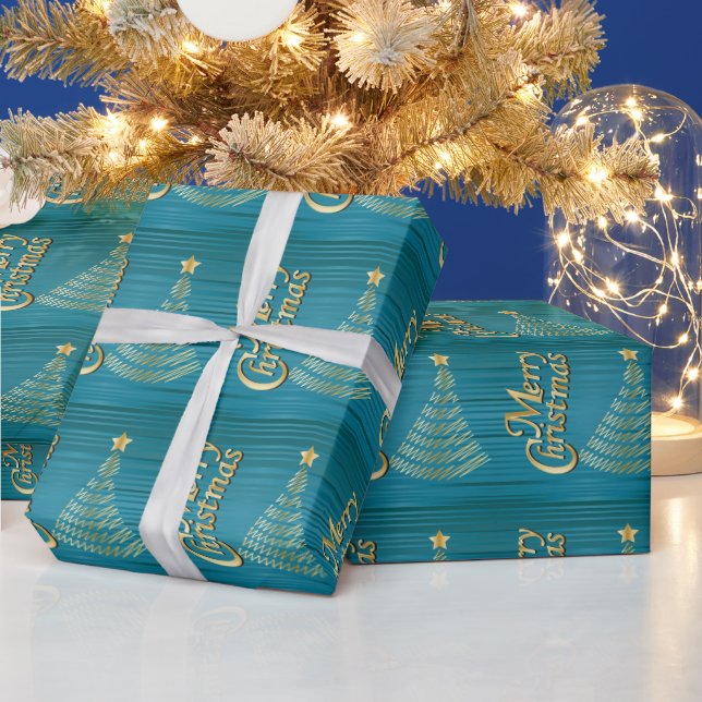 Papier Cadeau Arbre de Noël Turquoise Stripes et Gold Scribble (Vacances)