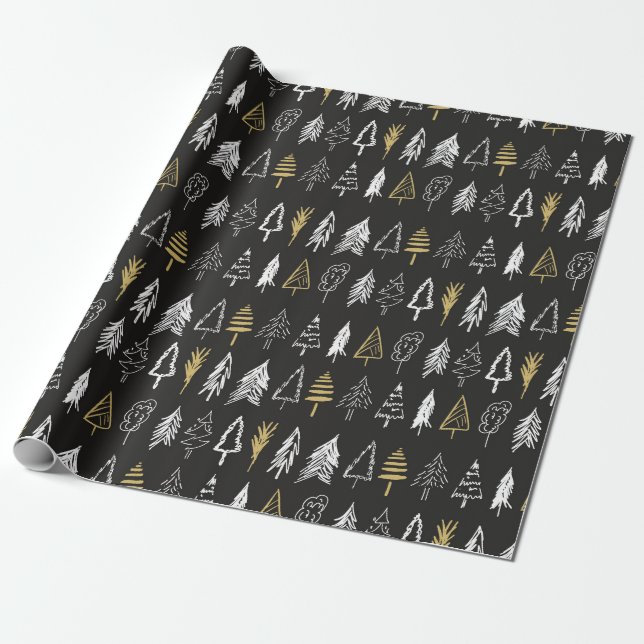 Papier Cadeau Arbre de Noël Variété - Noir, Blanc et Or (Déroulé)