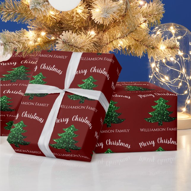 Papier Cadeau Arbre de Noël vert étincelant rouge foncé Personna (Vacances)