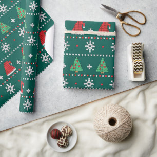 Papier Cadeau Arbre de Noël Vert moderne rouge et blanc motif