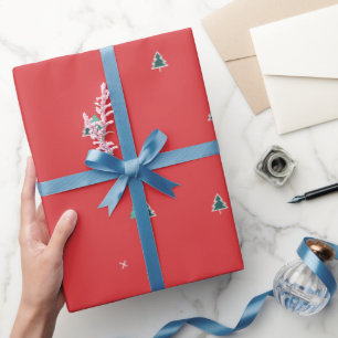 Papier Cadeau Arbre de Noël Vert moderne rouge et blanc motif