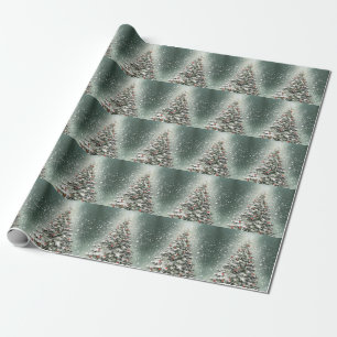 Papier Cadeau Arbre de Noël vert Ornements colorés Neige blanche