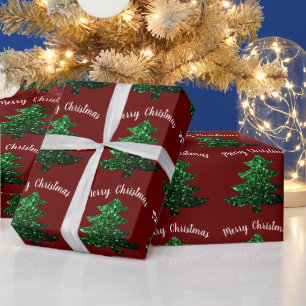 Papier Cadeau Arbre de Noël vert pâle rouge foncé