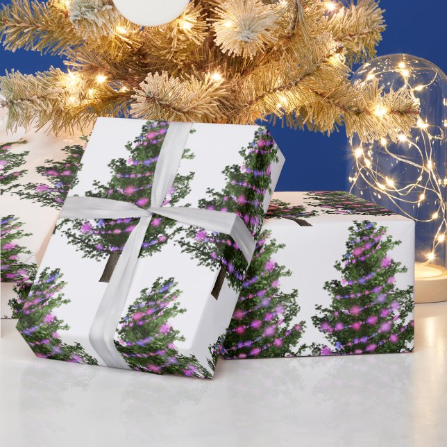 Papier Cadeau Arbre De Noël Vert Pin Avec Lumières Violettes (Vacances)