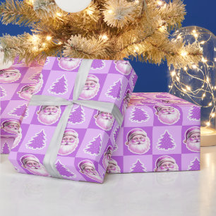 Papier Cadeau Arbre de Noël violet rétro Santa Claus Plaid