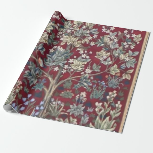 Papier Cadeau Arbre De Vie William Morris Rouge (Déroulé)