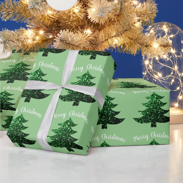 Papier Cadeau Arbre étincelant Joyeux vert pâle de Noël (Vacances)