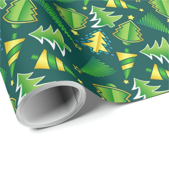 Papier Cadeau Arbre vert et or de Noël (Coin rond)