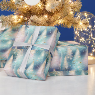Papier Cadeau Arbres à Lumière Bleue Noël Moderne
