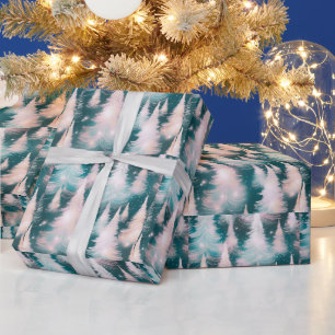 Papier Cadeau Arbres blancs roses verts Noël moderne