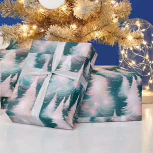 Papier Cadeau Arbres blancs roses verts Noël moderne