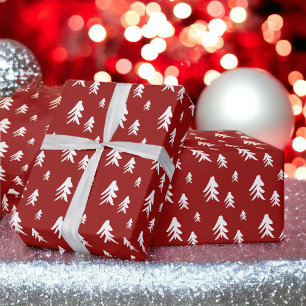 Papier Cadeau Arbres blancs rouges illustration motif de noël