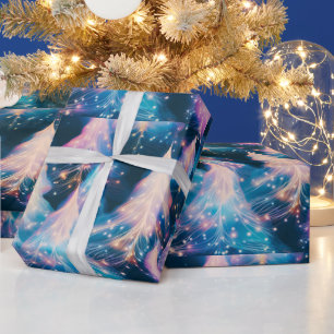 Papier Cadeau Arbres Blancs Violets Bleus Noël Moderne