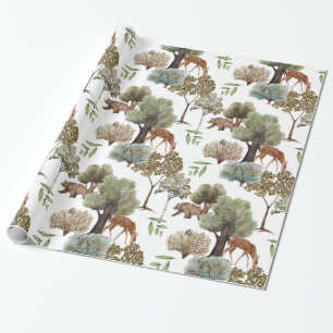 Papier Cadeau Arbres de forêt Cerfs Ours Oiseaux