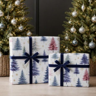 Papier Cadeau Arbres de Noël à l'aquarelle moderne Bleu Fêtes