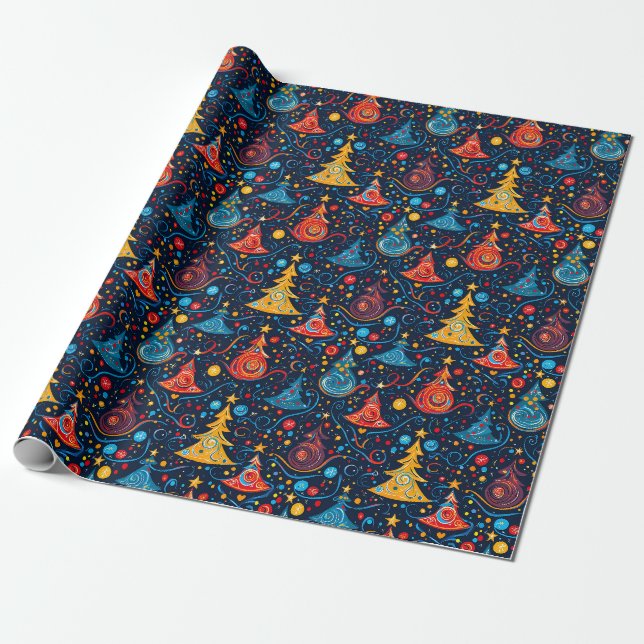 Papier Cadeau Arbres de Noël Abstraits lunaires en couleur vive (Déroulé)