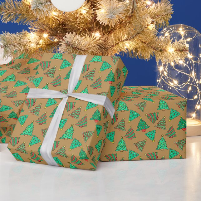 Papier Cadeau Arbres de Noël amusants | Bronze d'or (Vacances)