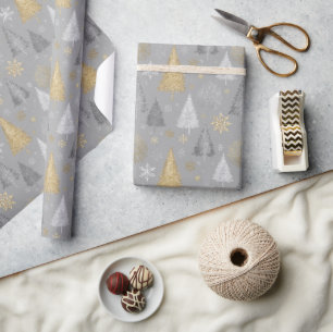 Papier Cadeau Arbres de Noël argent et or Shimmer