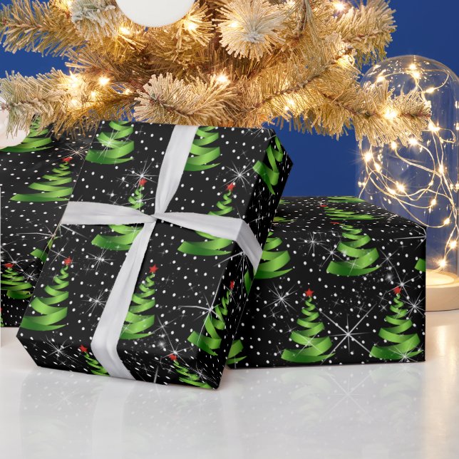 Papier Cadeau Arbres de Noël au ruban vert étincelant (Vacances)