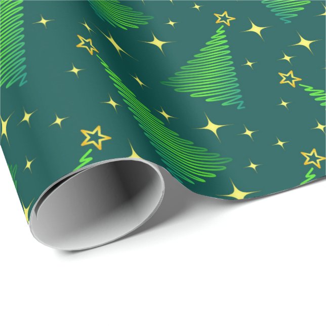 Papier Cadeau Arbres de Noël aux étoiles d'or (Coin rond)