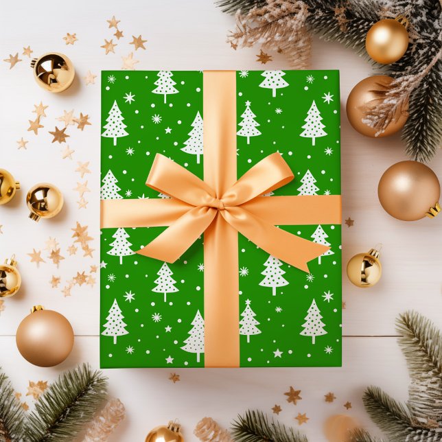 Papier Cadeau Arbres de Noël avec bulbes étoiles et flocons de n (Créateur téléchargé)