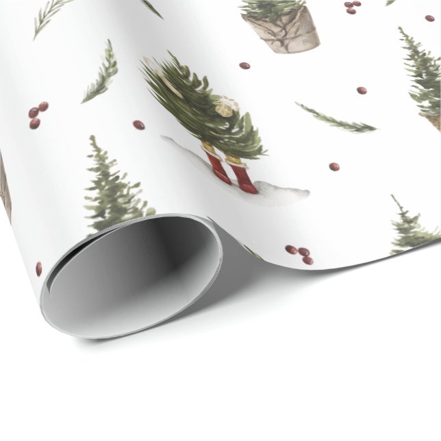 Papier Cadeau Arbres de Noël avec petits bottes cadeau (Coin rond)