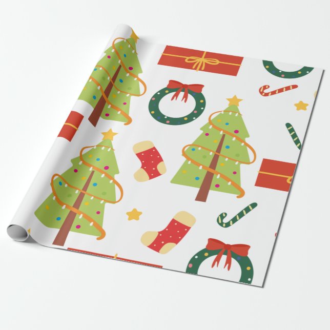 Papier Cadeau Arbres de Noël, Bas et Sucre de canne (Déroulé)