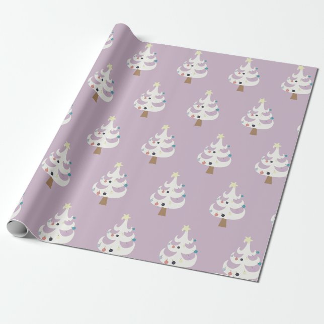 Papier Cadeau Arbres de Noël blanc et lunatique sur violet (Déroulé)