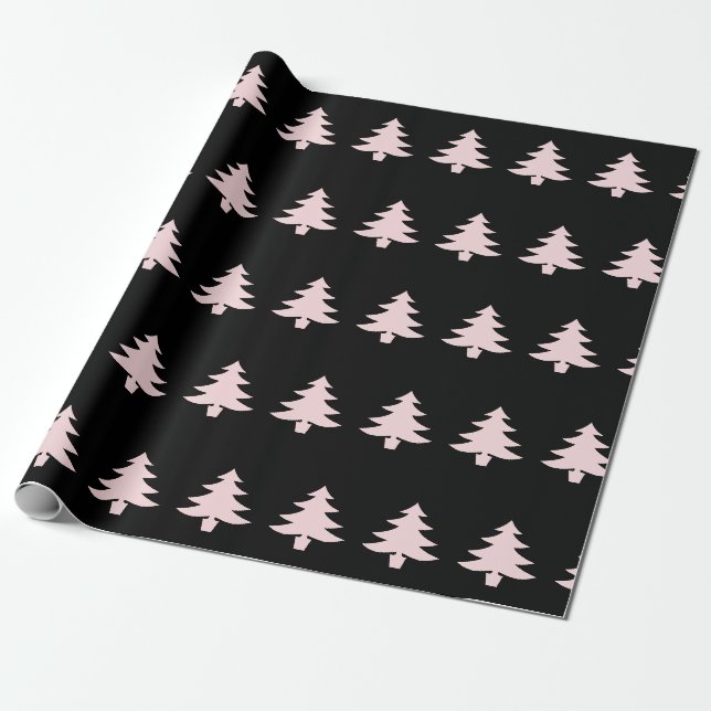 Papier Cadeau Arbres de Noël blanc rose pâle (Déroulé)