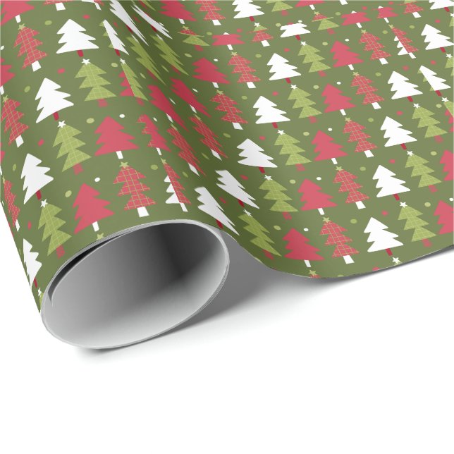 Papier Cadeau Arbres de Noël Blanc rouge et vert (Coin rond)