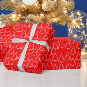 Papier Cadeau Arbres de Noël blancs en rouge