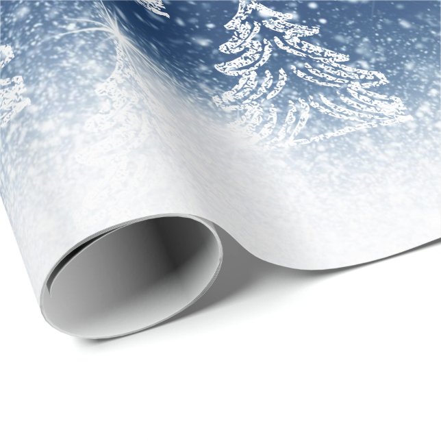 Papier Cadeau Arbres de Noël bleus d'hiver (Coin rond)