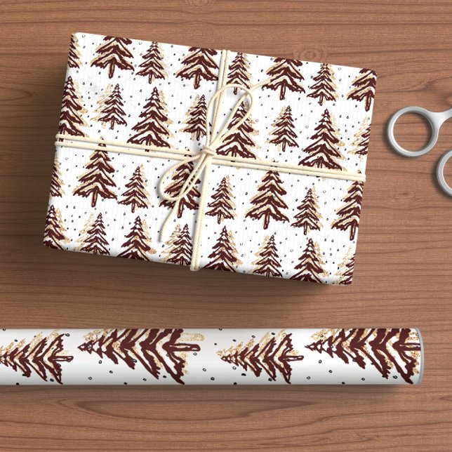 Papier Cadeau Arbres De Noël Bourgogne Et Or (Créateur téléchargé)