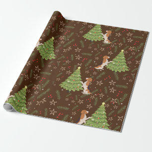 Papier Cadeau Arbres de Noël & Chien Beagle motif personnalisé