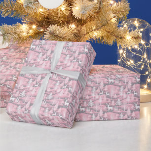 Papier Cadeau Arbres de Noël de rennes gris rose blanc Noël