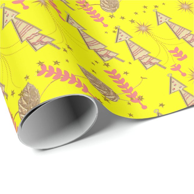 Papier Cadeau Arbres de Noël d'or enveloppant papier jaune (Coin rond)