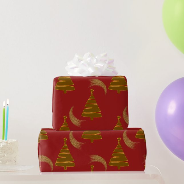 Papier Cadeau Arbres de Noël d'or et torrents rouges (Cadeaux de fête)