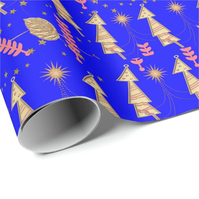 Papier Cadeau Arbres de Noël d'or papier d'enveloppement bleu (Coin rond)