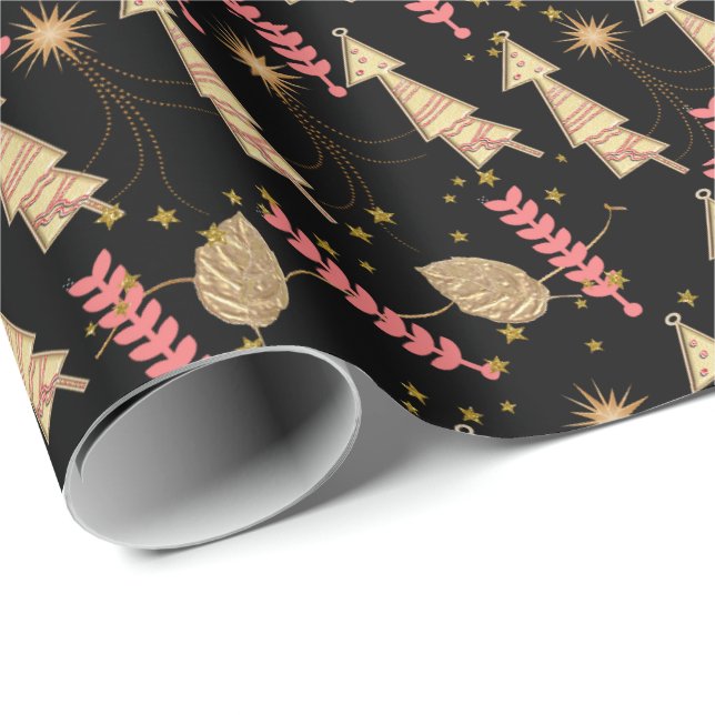 Papier Cadeau Arbres de Noël d'or papier d'enveloppement noir (Coin rond)