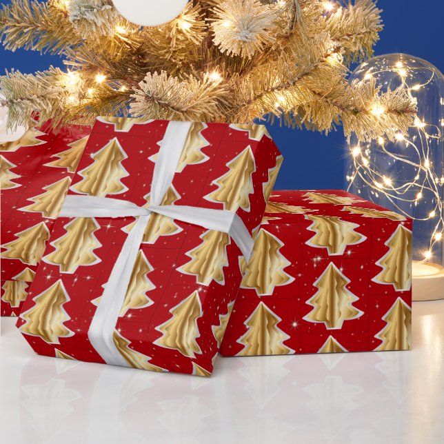 Papier Cadeau Arbres de Noël dorés et blancs (Vacances)