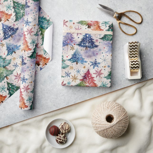 Papier Cadeau Arbres de Noël en neige colorée (Artisanat)