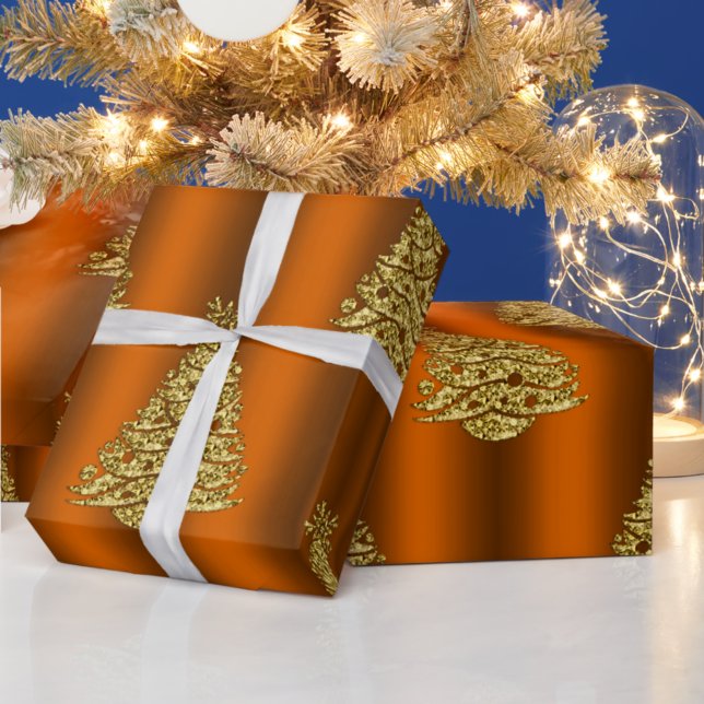Papier Cadeau Arbres de Noël en or sur Orange métallique (Créateur téléchargé)